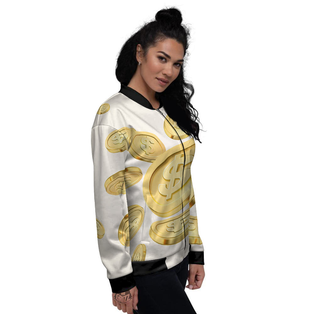 Sign Explosion Golden Dollar Print Women's Bomber Jacket-grizzshop