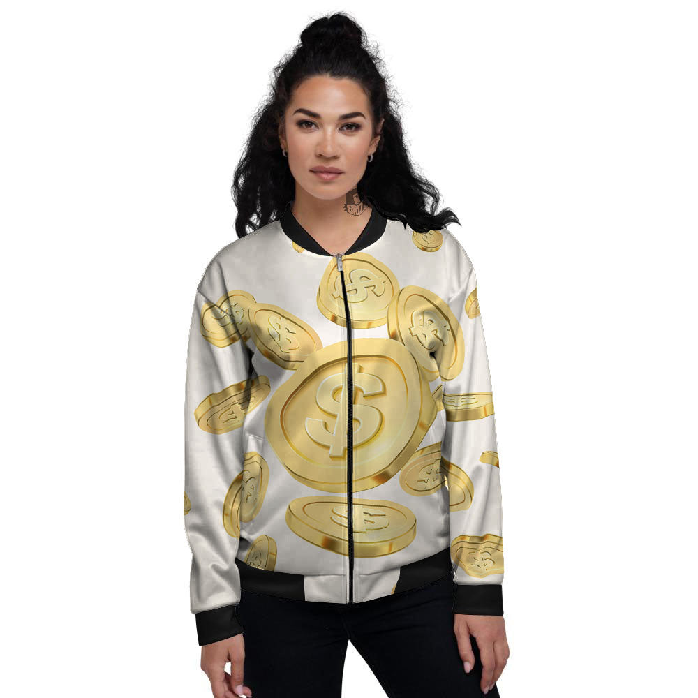 Sign Explosion Golden Dollar Print Women's Bomber Jacket-grizzshop