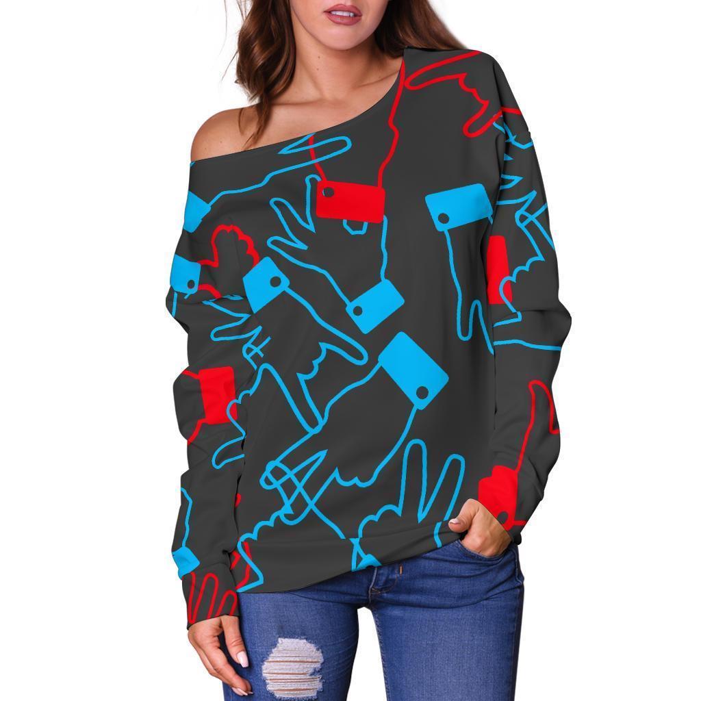 Sign Language Pattern Print Women Off Shoulder Sweatshirt-grizzshop