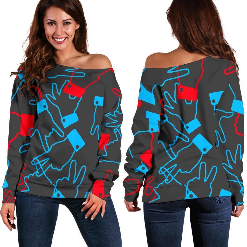 Sign Language Pattern Print Women Off Shoulder Sweatshirt-grizzshop