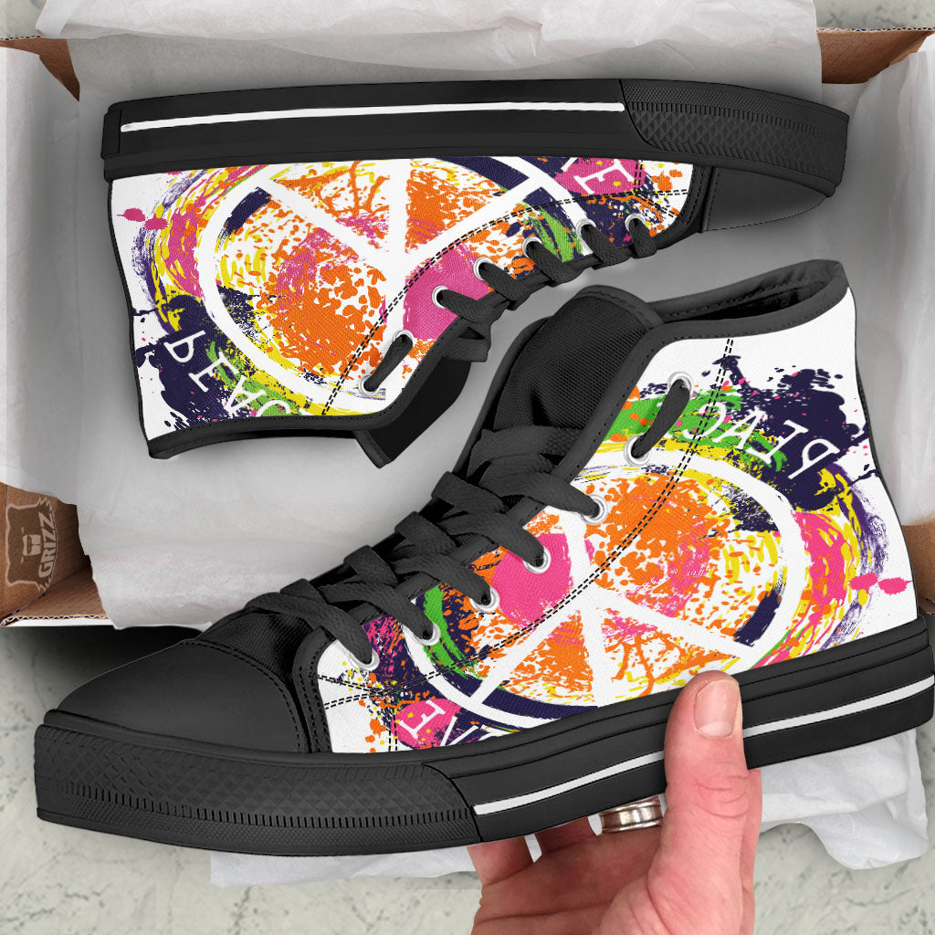 Sign Peace Rasta Print Black High Top Shoes-grizzshop