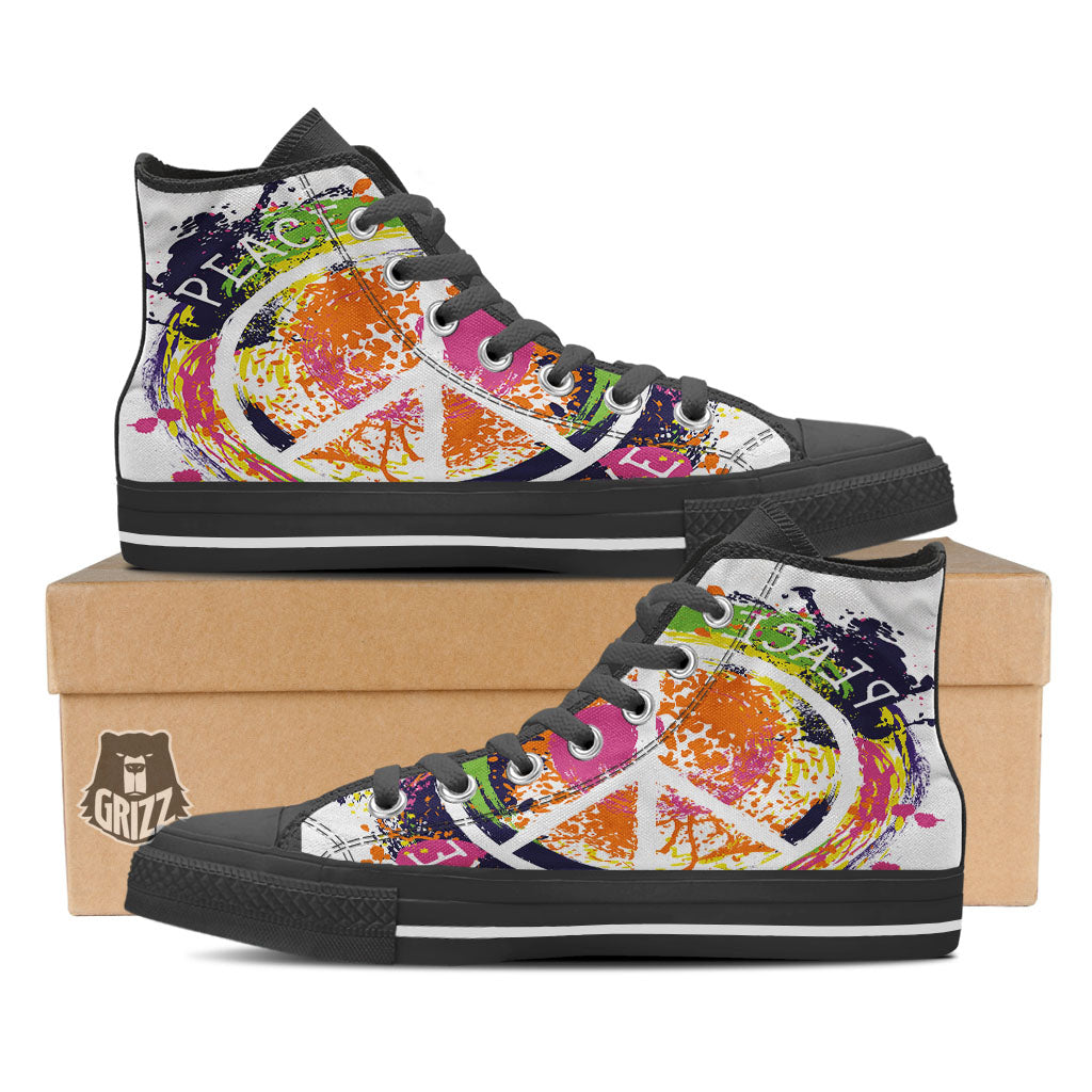 Sign Peace Rasta Print Black High Top Shoes-grizzshop