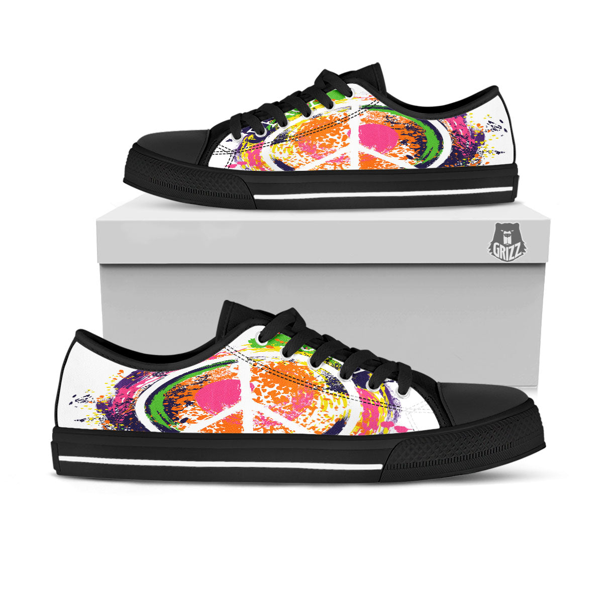Sign Peace Rasta Print Black Low Top Shoes-grizzshop