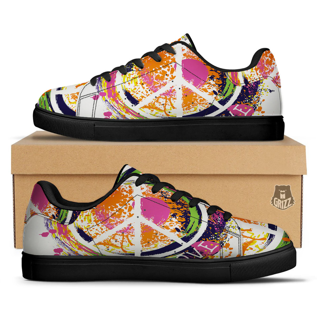 Sign Peace Rasta Print Black Low Top Sneakers-grizzshop