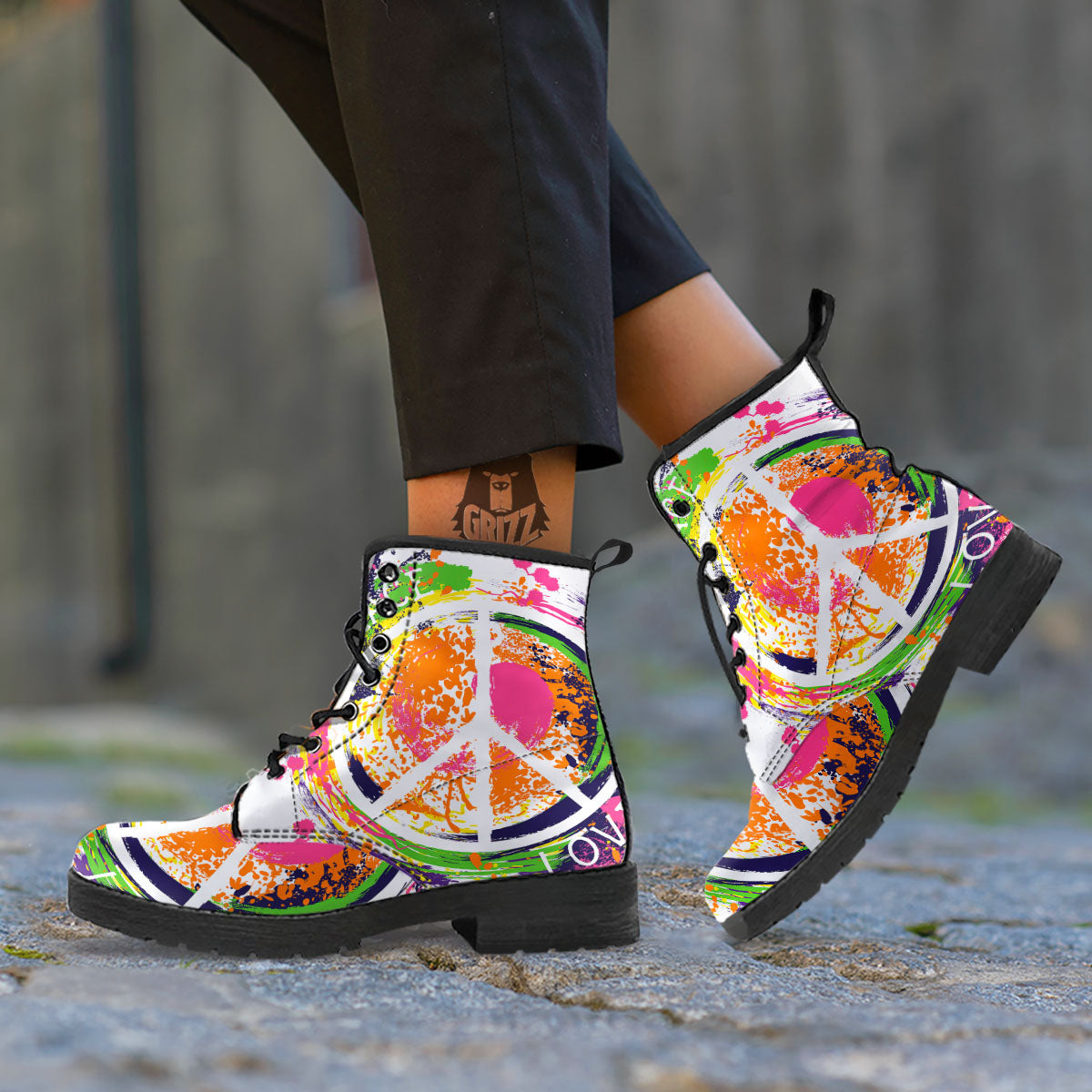 Sign Peace Rasta Print Leather Boots-grizzshop