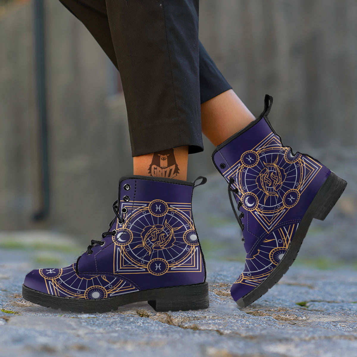 Signs Astrological And Pisces Print Leather Boots-grizzshop