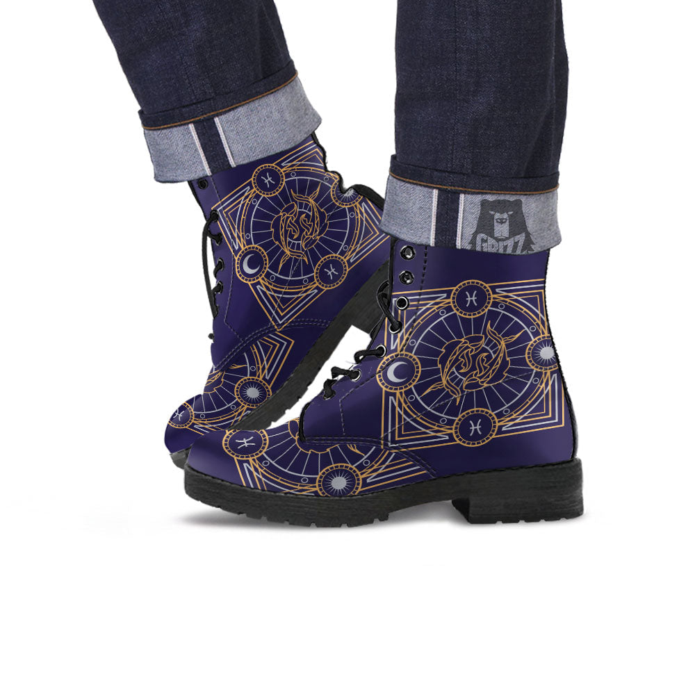Signs Astrological And Pisces Print Leather Boots-grizzshop