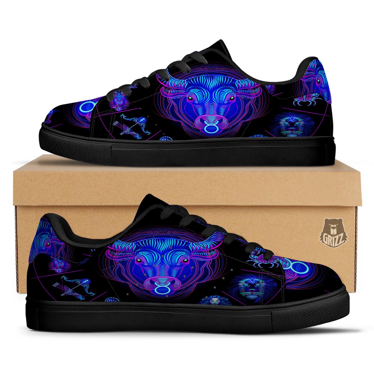 Signs Astrological And Taurus Print Black Low Top Sneakers-grizzshop