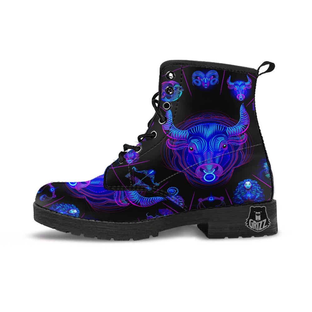 Signs Astrological And Taurus Print Leather Boots-grizzshop