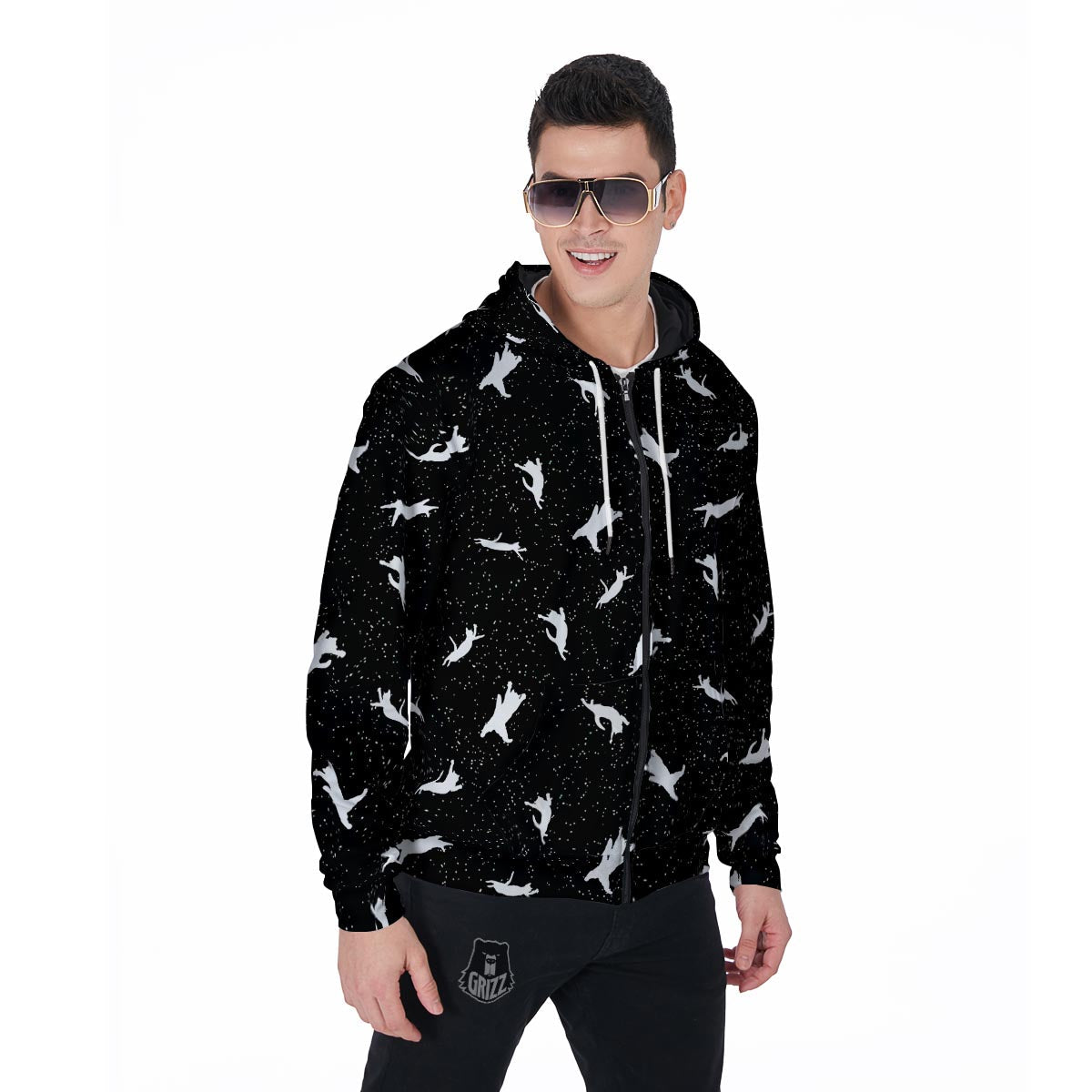 Silhouette Cat Print Men's Zip Up Hoodie-grizzshop