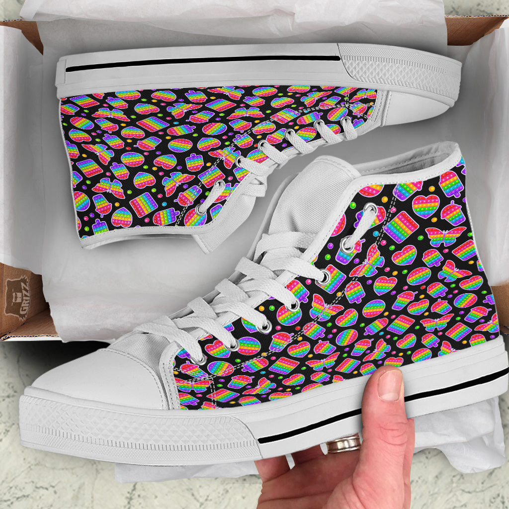 Silicone Bubbles Pop it Colorful Print Pattern White High Top Shoes-grizzshop