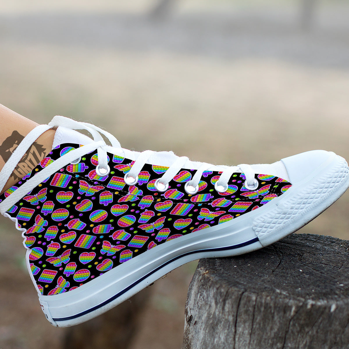 Silicone Bubbles Pop it Colorful Print Pattern White High Top Shoes-grizzshop