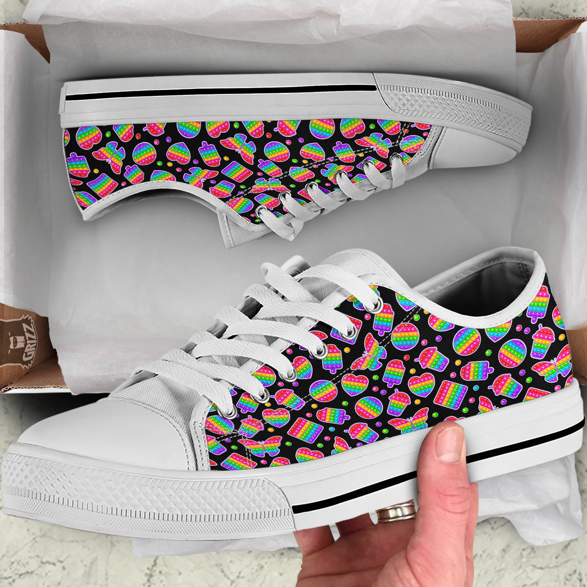 Silicone Bubbles Pop it Colorful Print Pattern White Low Top Shoes-grizzshop