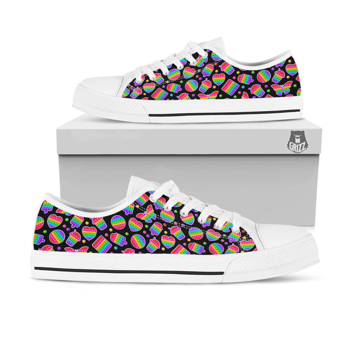 Silicone Bubbles Pop it Colorful Print Pattern White Low Top Shoes-grizzshop