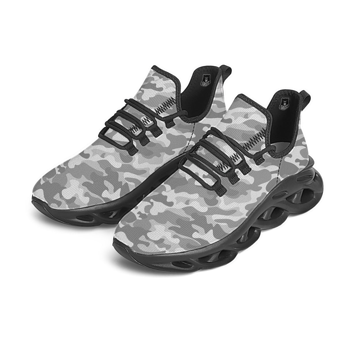 Silver Camo And Camouflage Print Black Running Shoes-grizzshop