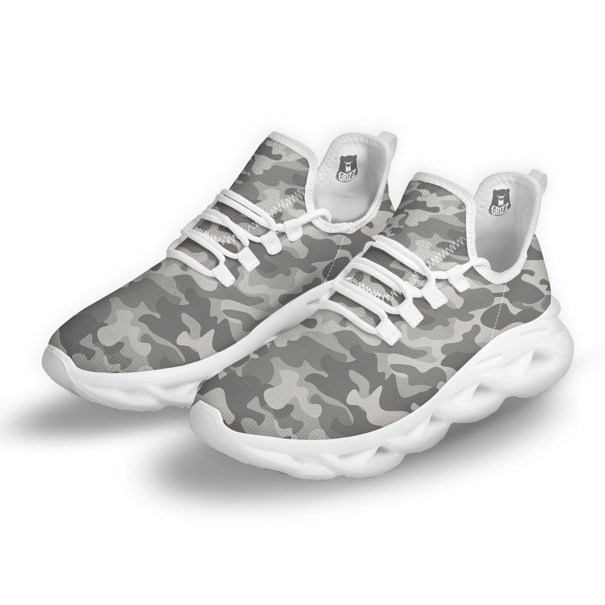 Silver Camo And Camouflage Print White Running Shoes-grizzshop