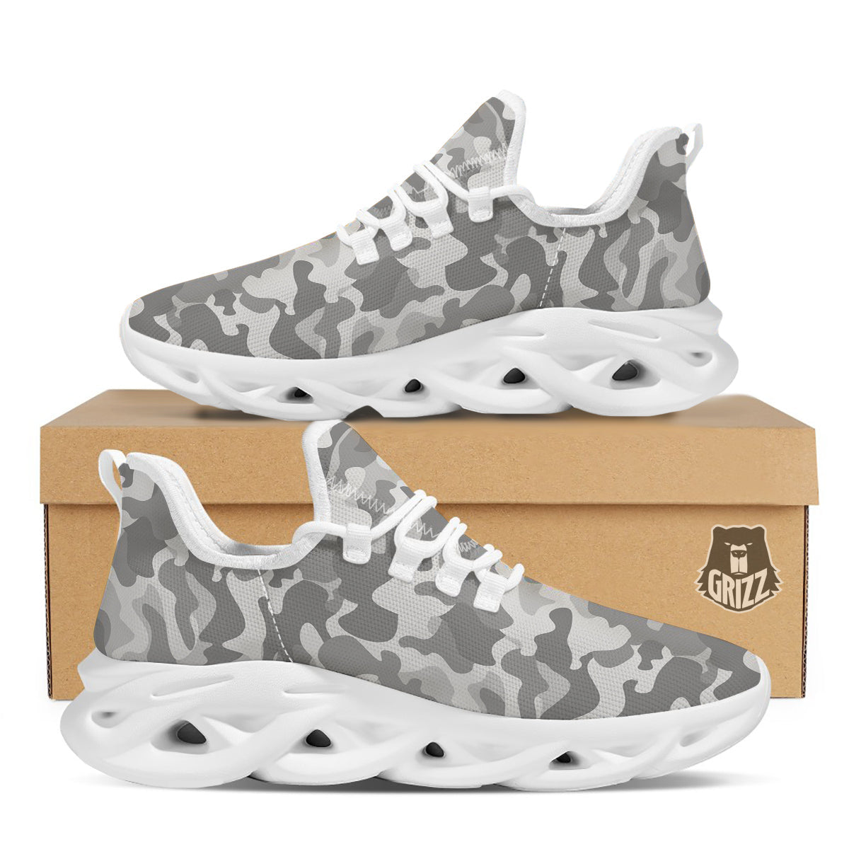 Silver Camo And Camouflage Print White Running Shoes-grizzshop