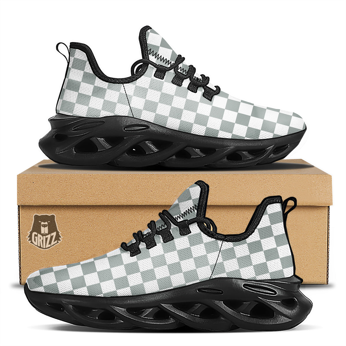 Silver Checkered Flag Print Black Running Shoes-grizzshop