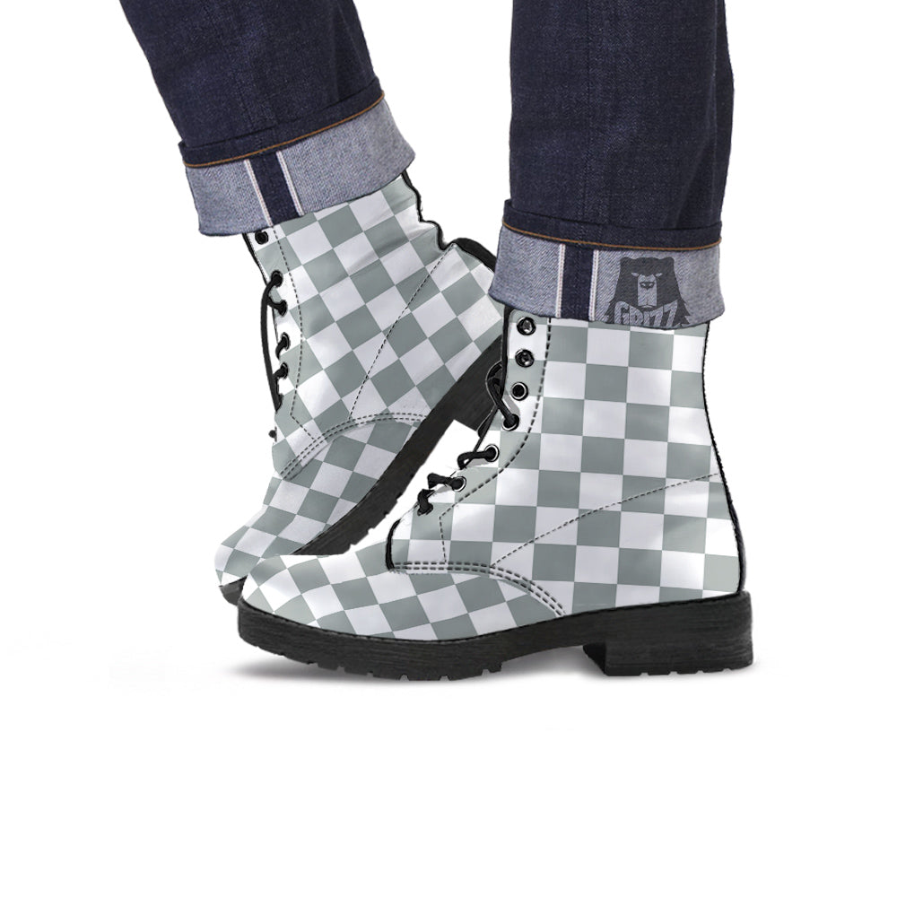 Silver Checkered Flag Print Leather Boots-grizzshop