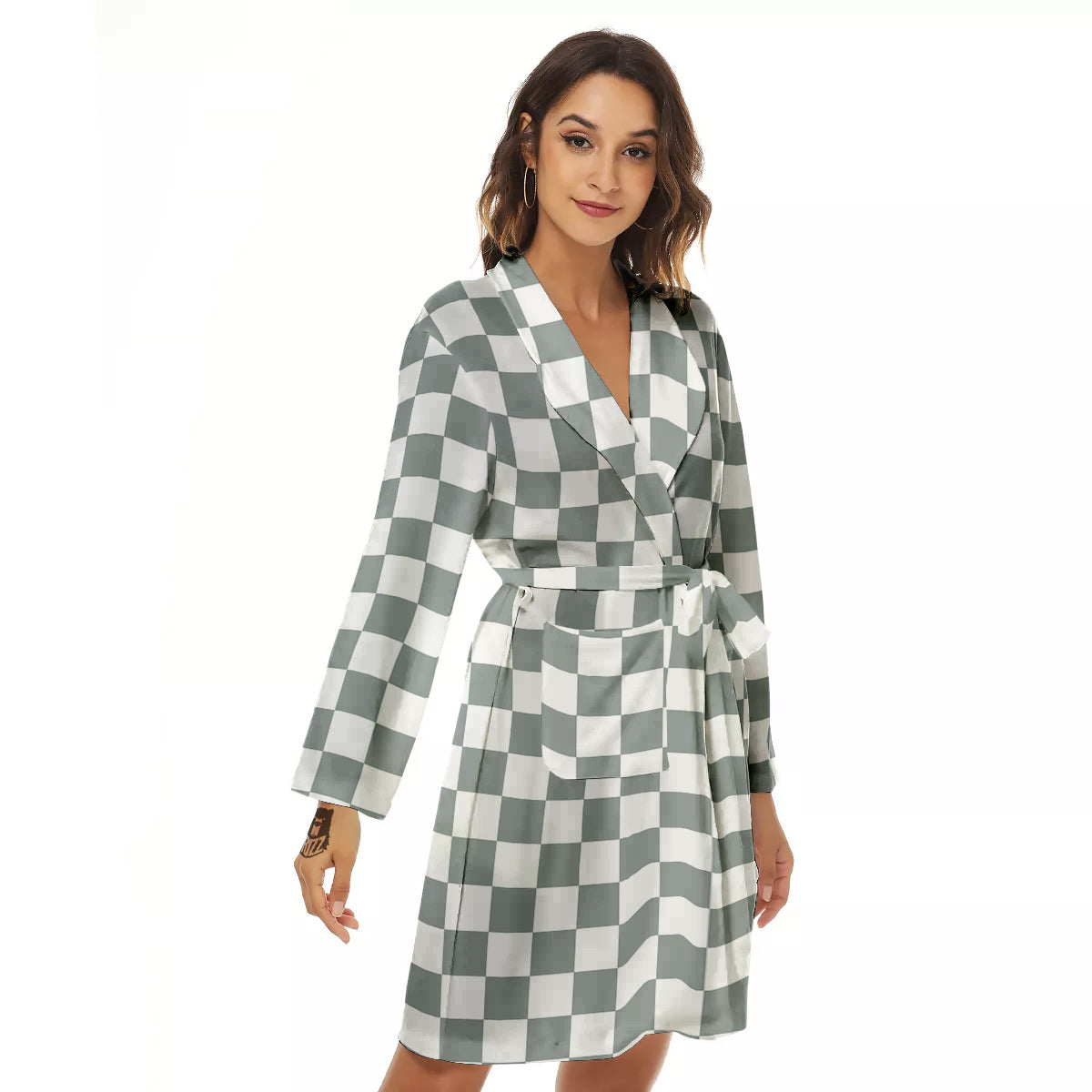 Silver Checkered Flag Print Women's Robe-grizzshop