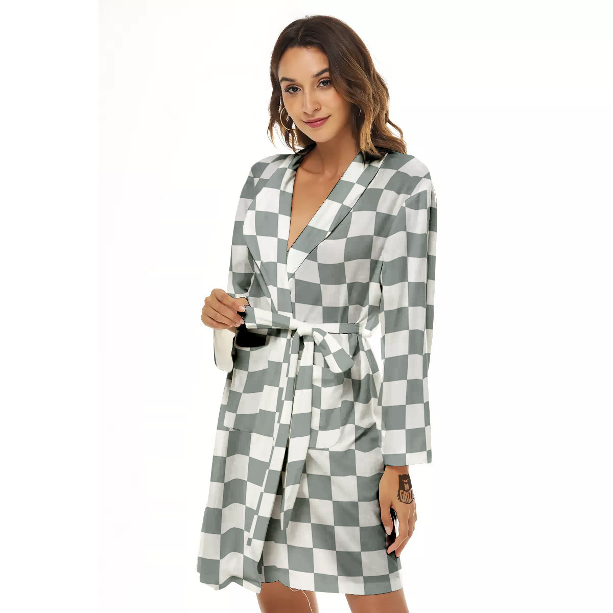 Silver Checkered Flag Print Women's Robe-grizzshop