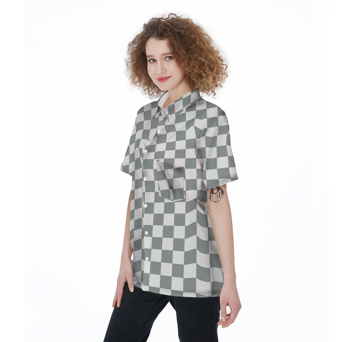 Silver Checkered Flag Print Women's Short Sleeve Shirts-grizzshop
