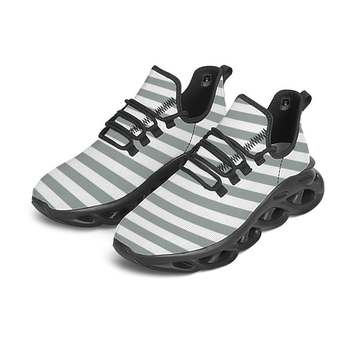 Silver Color Striped Print Black Running Shoes-grizzshop
