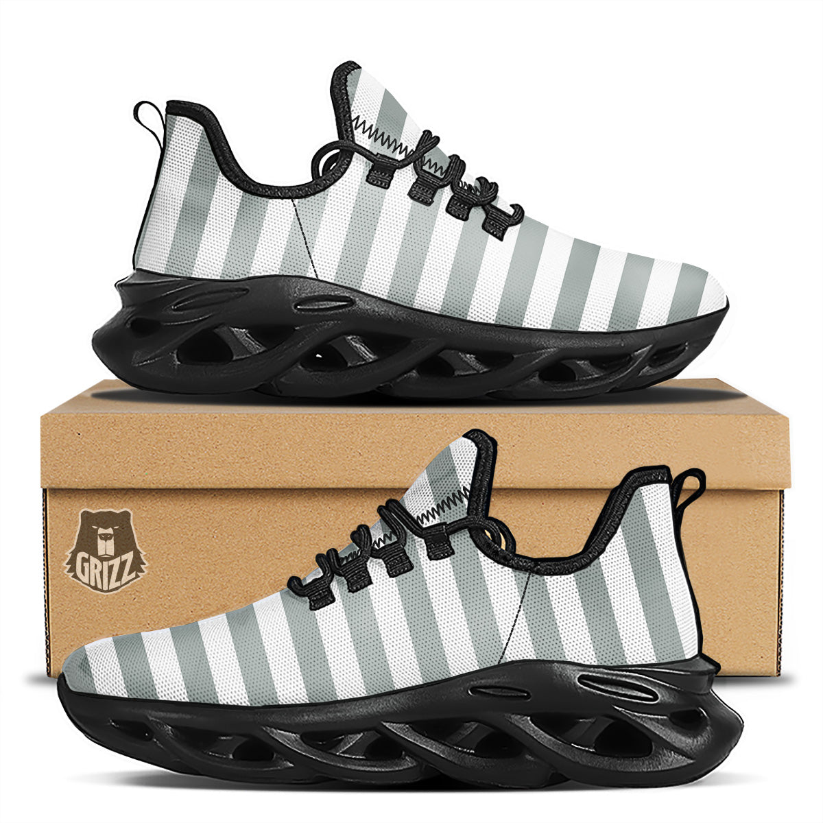 Silver Color Striped Print Black Running Shoes-grizzshop