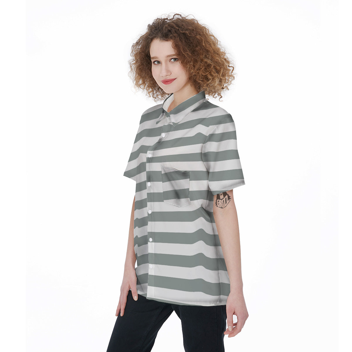Silver Color Striped Print Women's Short Sleeve Shirts-grizzshop