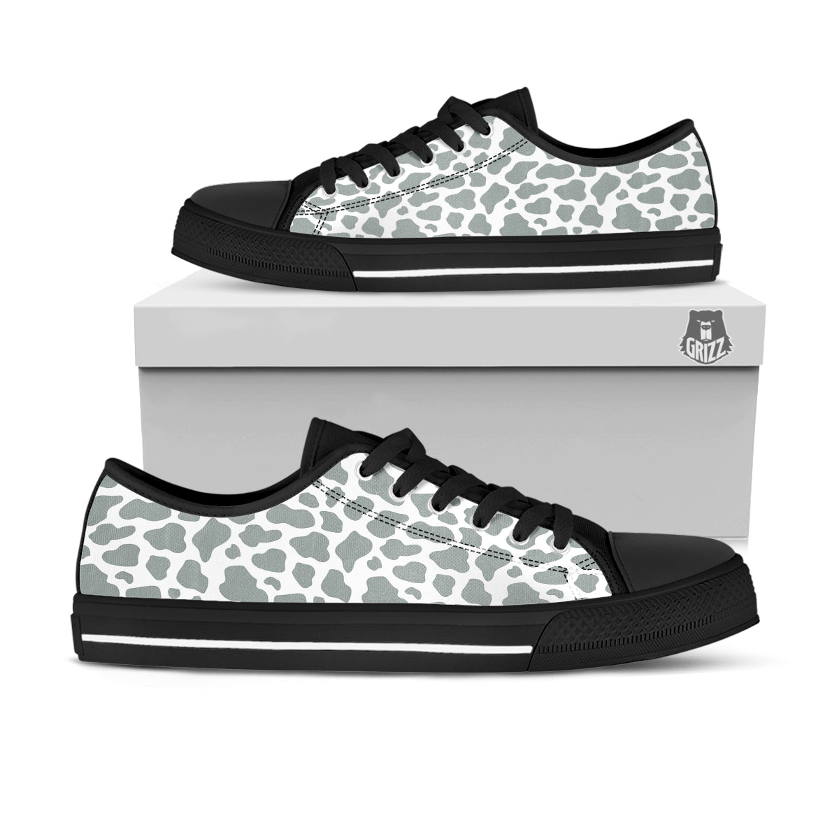 Silver Cow Print Pattern Black Low Top Shoes-grizzshop