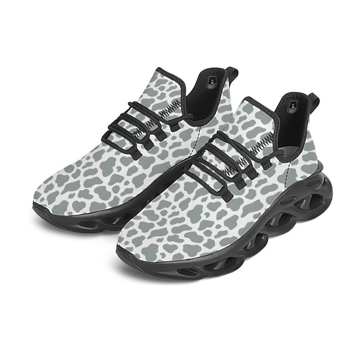 Silver Cow Print Pattern Black Running Shoes-grizzshop