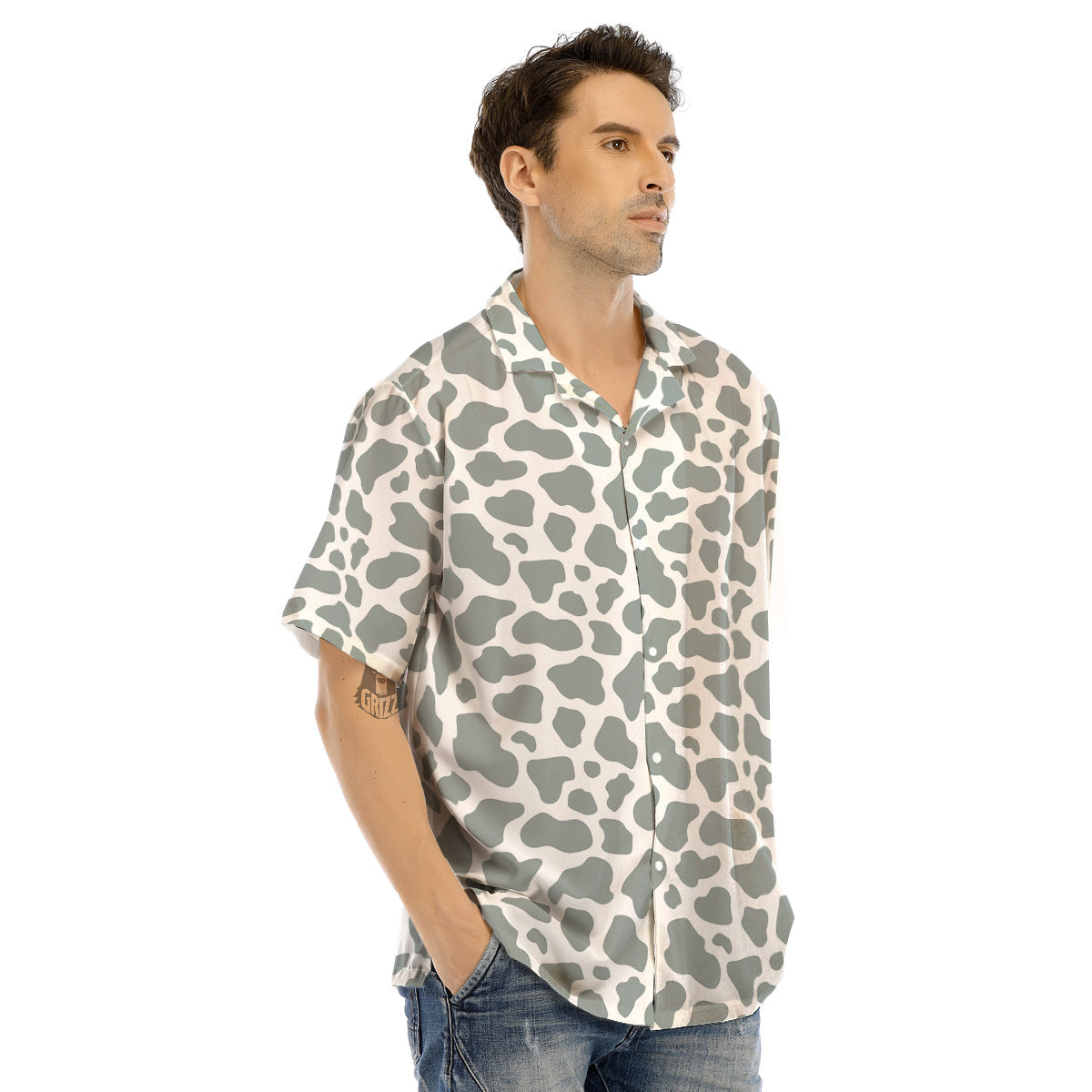 Silver Cow Print Pattern Men’s Hawaiian Shirt-grizzshop