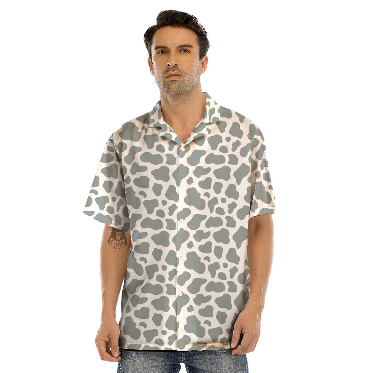 Silver Cow Print Pattern Men’s Hawaiian Shirt-grizzshop