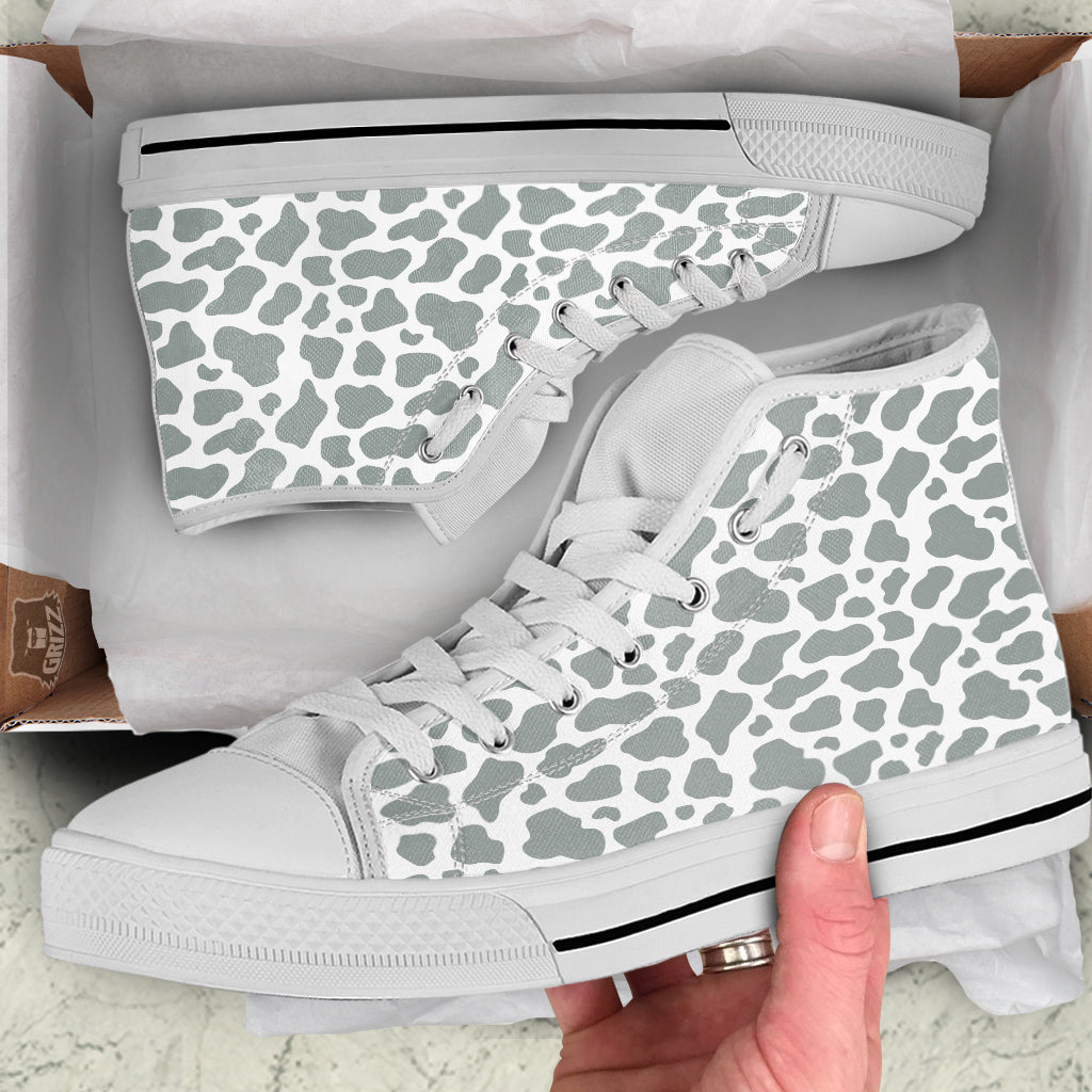 Silver Cow Print Pattern White High Top Shoes-grizzshop