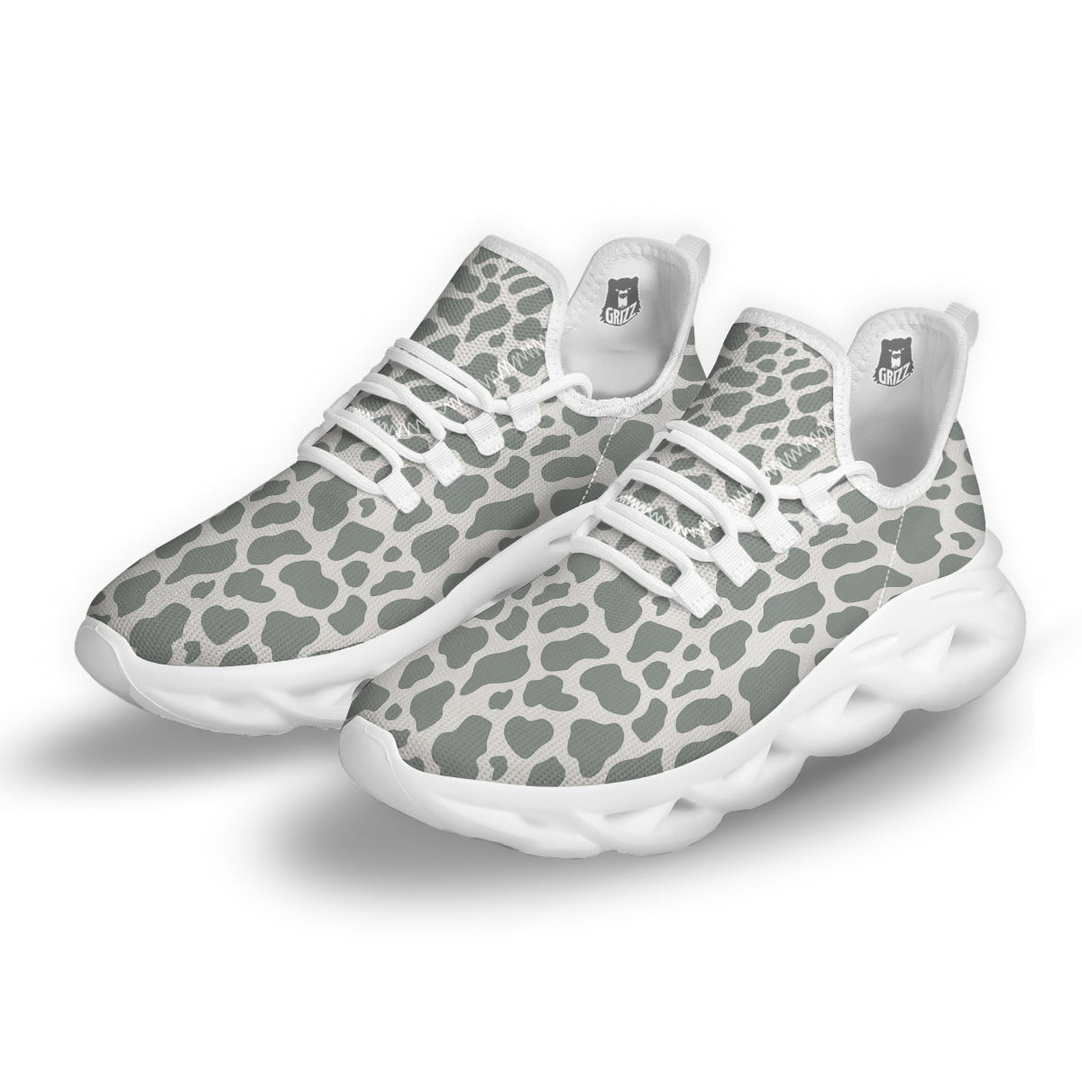 Silver Cow Print Pattern White Running Shoes-grizzshop