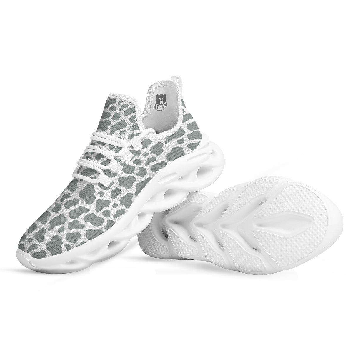 Silver Cow Print Pattern White Running Shoes-grizzshop