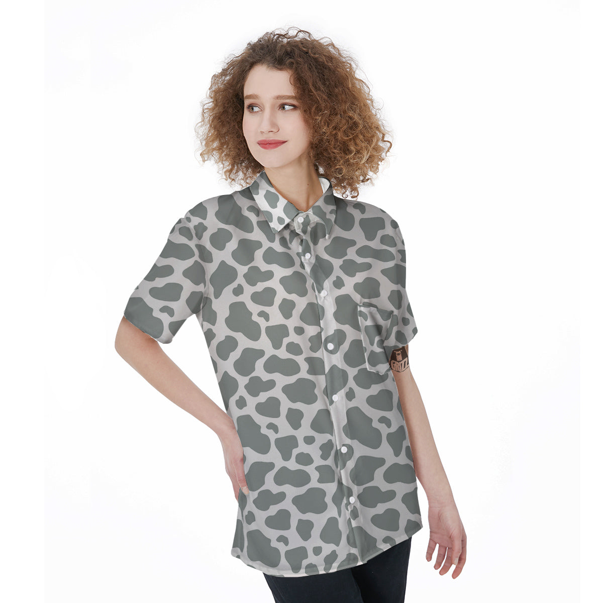 Silver Cow Print Pattern Women's Short Sleeve Shirts-grizzshop