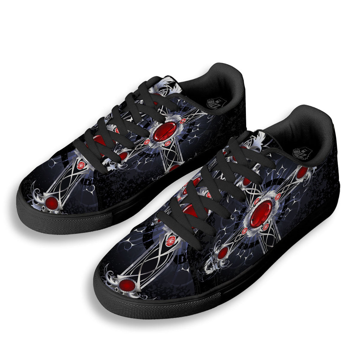 Silver Cross Ornamental Print Black Low Top Sneakers-grizzshop