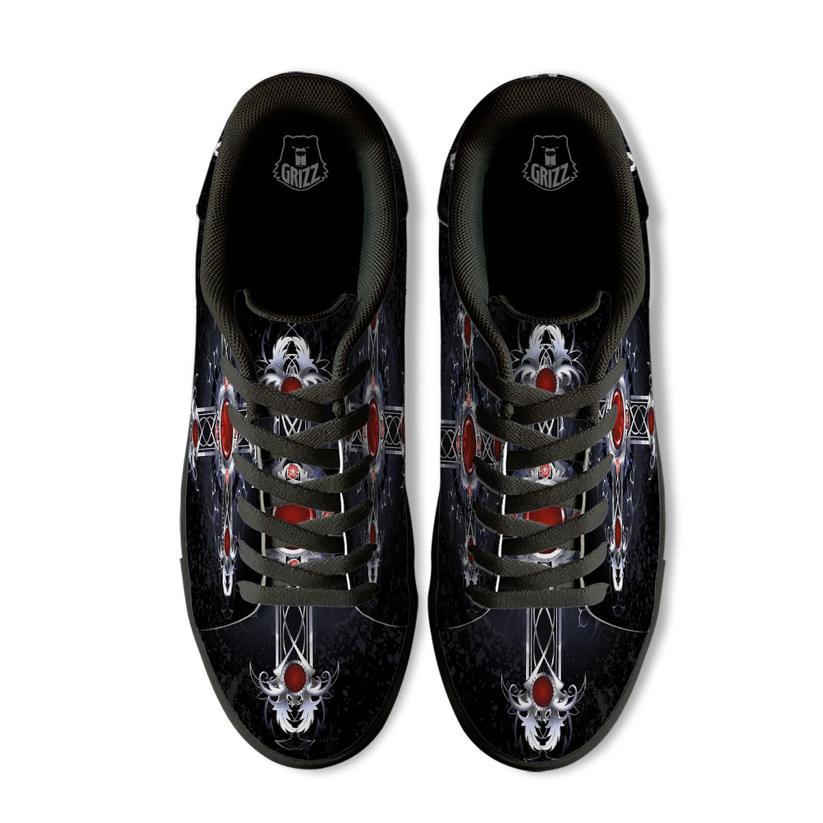 Silver Cross Ornamental Print Black Low Top Sneakers-grizzshop