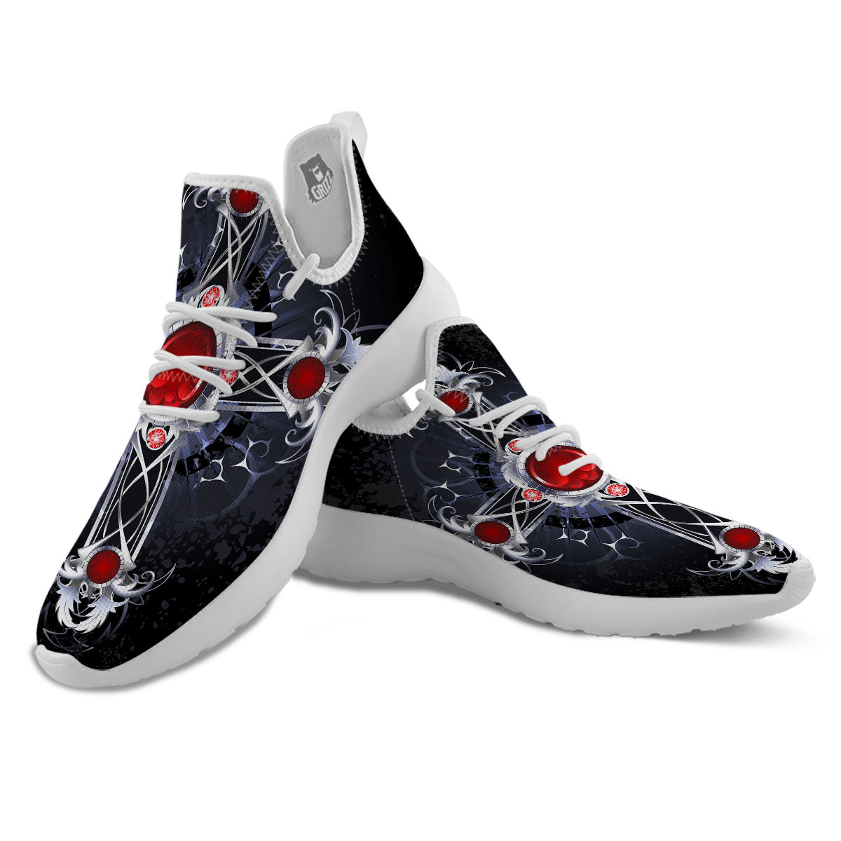 Silver Cross Ornamental Print White Athletic Shoes-grizzshop