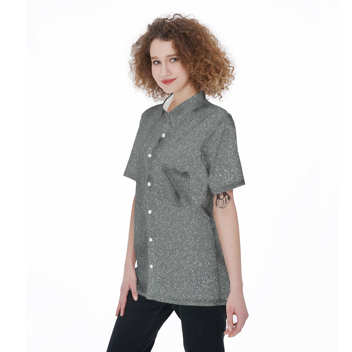Silver Glitter Texture Print Women's Short Sleeve Shirts-grizzshop