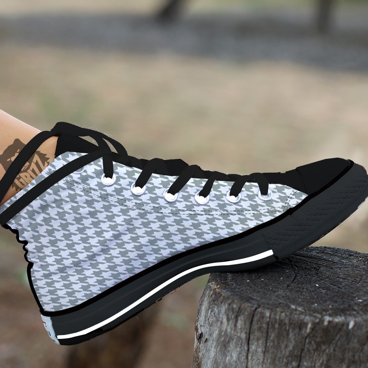 Silver Houndstooth Print Black High Top Shoes-grizzshop