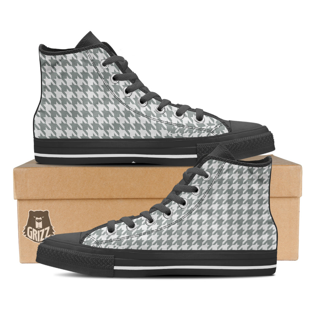 Silver Houndstooth Print Black High Top Shoes-grizzshop