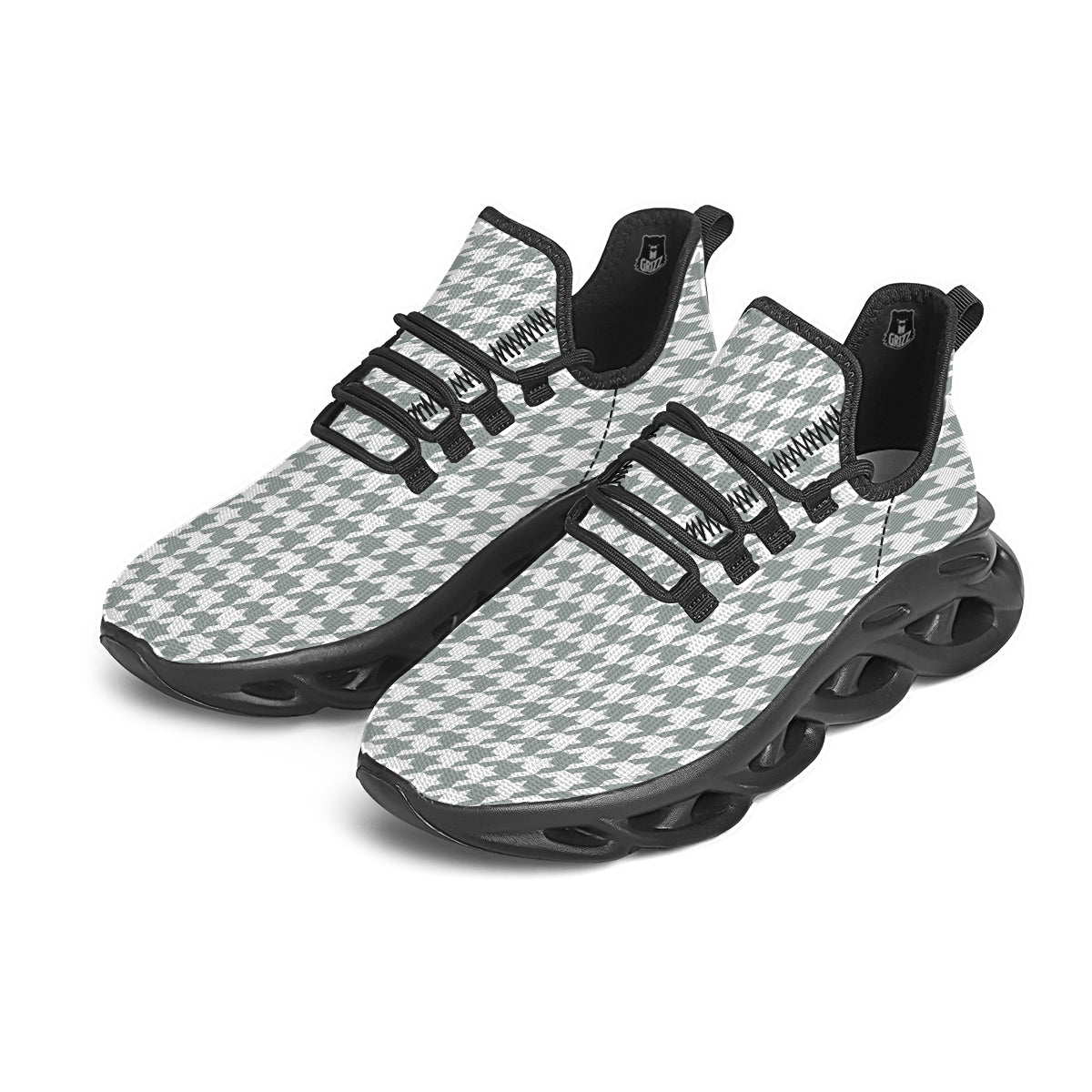 Silver Houndstooth Print Black Running Shoes-grizzshop