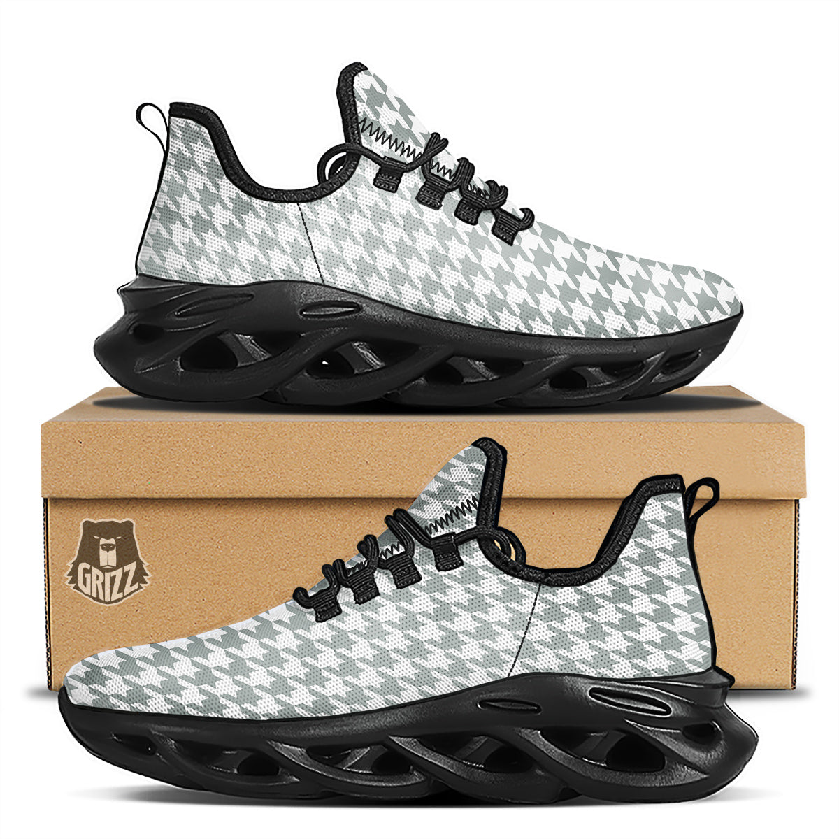 Silver Houndstooth Print Black Running Shoes-grizzshop