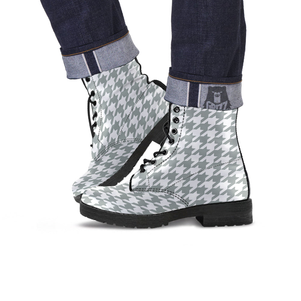 Silver Houndstooth Print Leather Boots-grizzshop