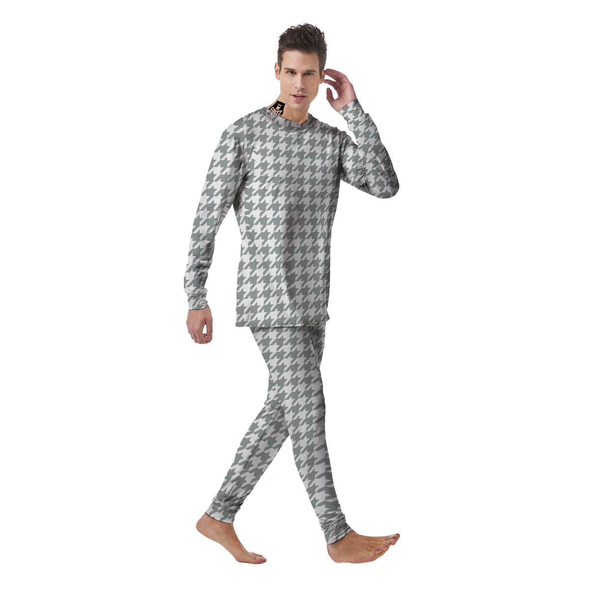 Silver Houndstooth Print Men's Pajamas-grizzshop