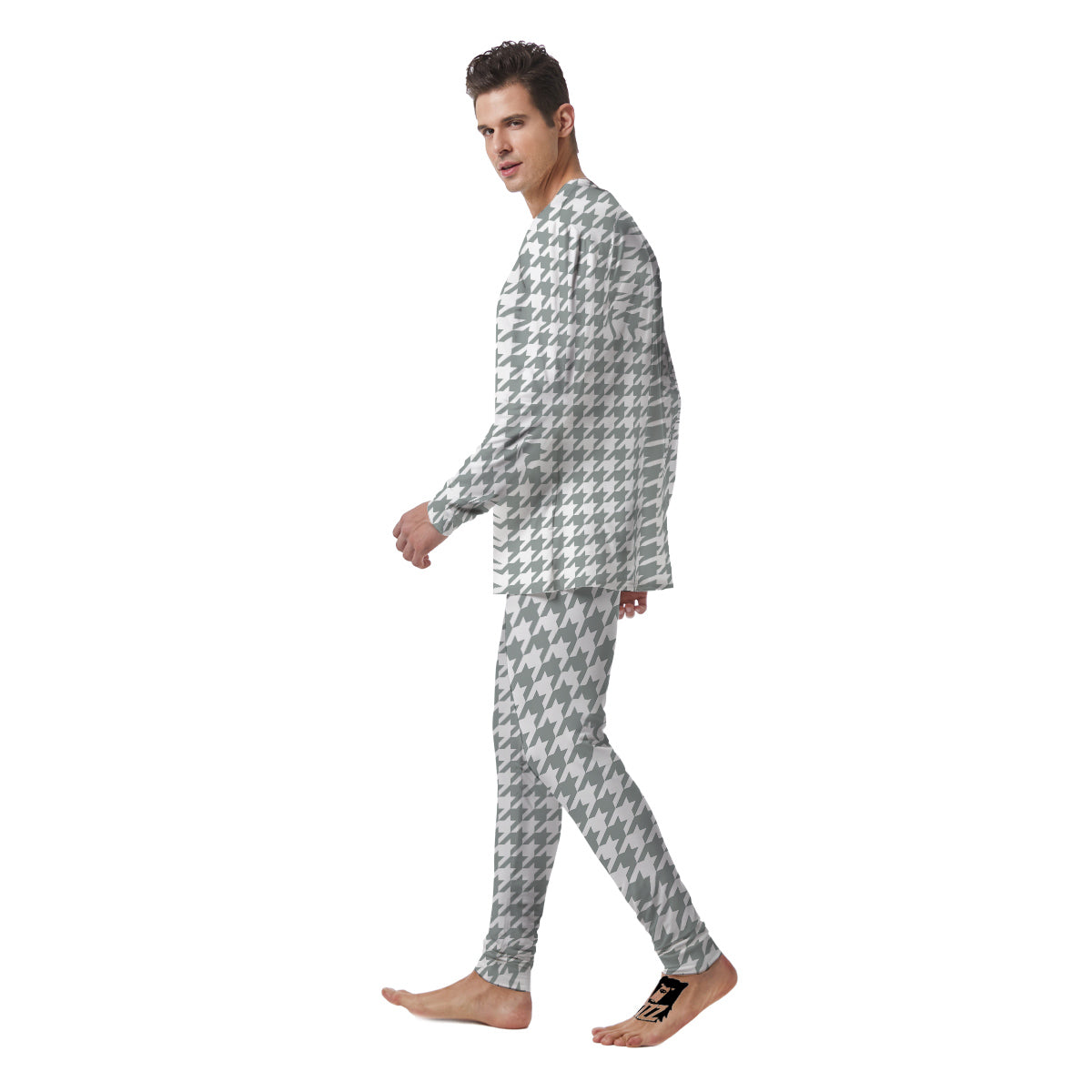 Silver Houndstooth Print Men's Pajamas-grizzshop