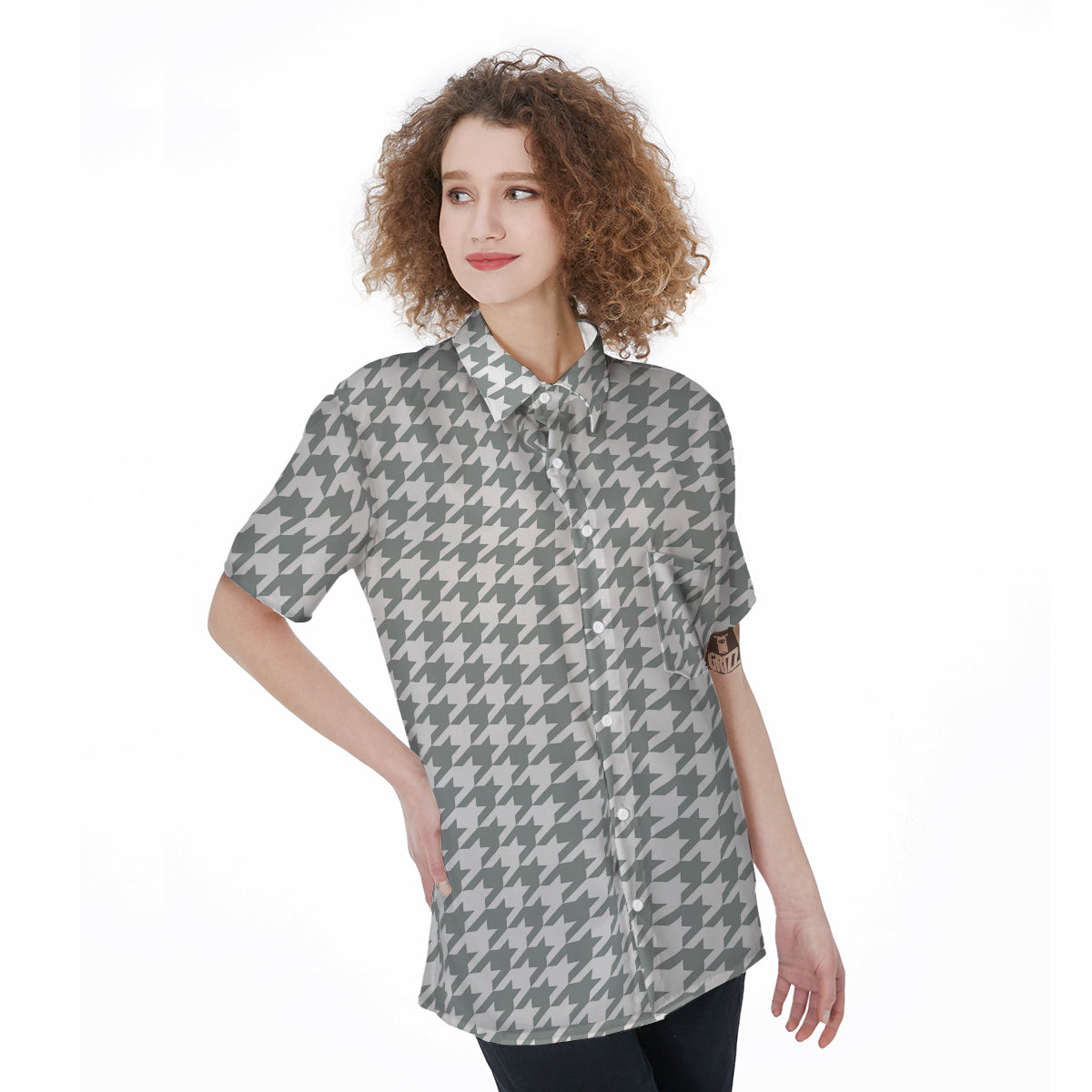 Silver Houndstooth Print Women's Short Sleeve Shirts-grizzshop