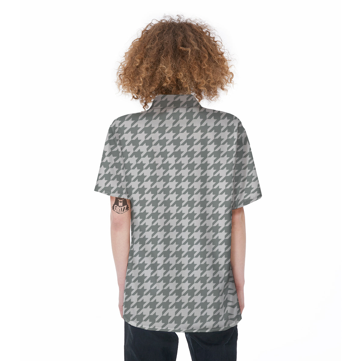 Silver Houndstooth Print Women's Short Sleeve Shirts-grizzshop